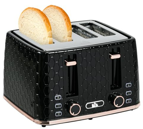 HOMCOM 4 Slice Toaster with 7 Browning Levels, High Lift, Reheat/Defrost/Cancel, Self-centring Function, Removable Crumb Tray, Auto Off, 1600W, Black Honeycomb Texture
