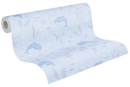 A.S. Création papier peint pour chambre d'enfant Lilly & Luis - papier peint intissé résistant à l'aspect poisson - 10,05 m x 0,53 m - bleu, blanc - fabriqué en Allemagne - 771321
