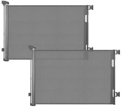 Retractable Mesh Baby & Dog Gate, 86cm Tall x 140cm Wide, Grey, 2 Pack | 2-pack retractable dog gate for stairs, doorways and hallways; indoor/outdoor use; hardware mounting and drilling required.