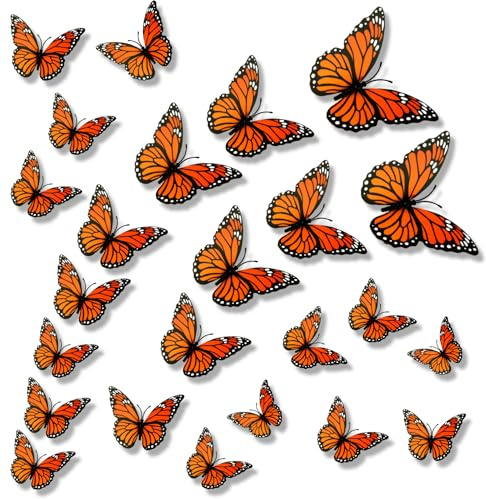 Ruveloup Monarch Butterfly Decorations, 24Pcs 3D Halloween Butterfly Wall Decor, 3 Size Orange Realistic Fake Butterflies for Home Wall Bedroom Craft Wedding Decoration Day of The Dead Party Favor