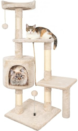 Rascador para Gatos,Árbol Rascador para de 112 cm y múltiples Niveles Estable con 4 Postes de sisal,3 Plataformas,1 Cama,Torre Gatos para Jueguen y Descansen-Beige