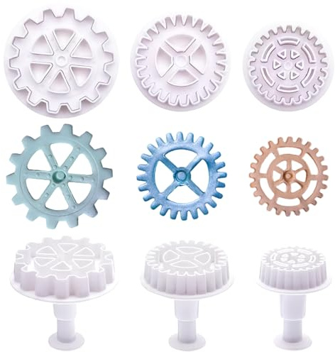6 PCS 3D Gear Modeling Moulds Steampunk Cogs Plunger Molds Plastic Gear Cookie Cutters Gear Shape for Fondant Chocolate Cake Cupcake Sugarcraft Decorating Baking Tools
