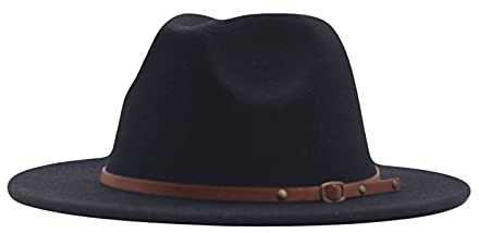 Generisch Fedora Panama - Cappello da donna in lana, classico e largo, con fibbia per cintura