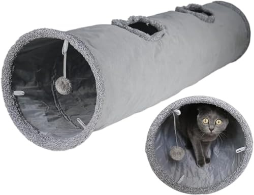Felizzyroo Extra Long Cat Tunnel, Collapsible Suede Play Tunnel with Jingle Ball & Peekaboo Holes for Cats, Kittens, Rabbits & Puppies (Grey),30 * 130cm