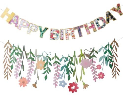 Wildflowers Garland, Happy Birthday Banner Decorations Paper Flower Garland Pre-strung Floral Banner Wild Flower Decor for Women Birthday Tea Party