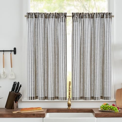 TOPICK Kitchen Curtains 45 Inch Drop, Half Window Tier Black Stripe W36xL45 | 2 Panels Linen Look Rod Pocket Light Filtering Cafe Curtains for Bedroom, Living Room, Cupboard Base, Sink