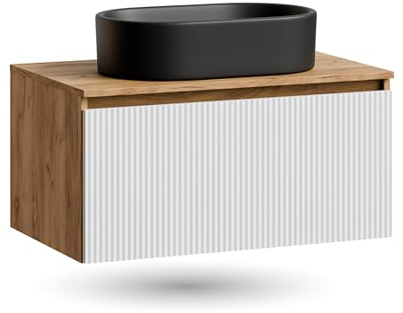 Planetmöbel - Set di mobili da bagno, armadietto sottolavabo da 80 cm, in rovere Arisa, oro bianco (con nervature), lavabo da 55 cm nero, incluso sifone salvaspazio