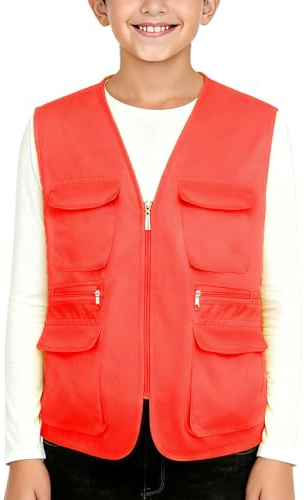 Saxrel Chaleco para niños con múltiples bolsillos, chaleco utilitario para niños, con cremallera, sin mangas, con cuello en V, chaleco de pesca para viajes escolares, camping, caza, vacaciones, uso