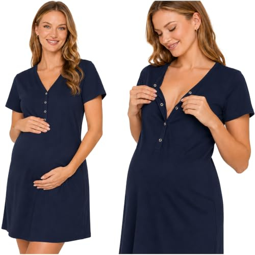 HEYO Chemise de nuit de grossesse et d'allaitement 100 % coton – Chemise d'allaitement pour femme avec boutons pression, chemise de nuit douce pour grossesse, lit de semaine et hôpital, manches