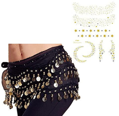 XHBTS Mehrreihiger Goldmünzen Bauchtanz Wrap & Hüftschal, Einfacher Klassischer Stil -Schwarz 128 Goldmünzen Tanzrock und Gesicht Tattoo Sticker Metallic Temporäre Transfer Tattoo