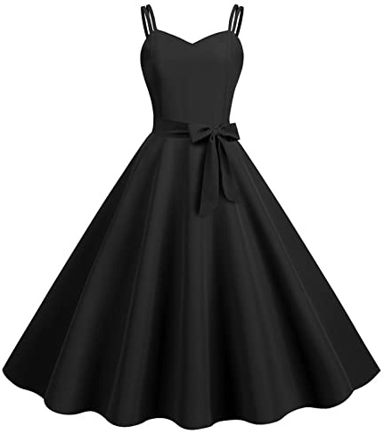 Vestidos de Cóctel para Mujer, Vestido Elegante para Mujer Color Sólido Cintura Alta Cuello en V de Fiesta Cóctel Rockabilly Clásico Vestido Corto Mujer Retro Años 50 Vintage(#034 Black,L)