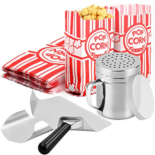 202-Piece Popcorn Machine Accessory Kit, Contains 100 Popcorn Bags, a Popcorn Scoop and a Salt Shaker with Handle for Popcorn Machines, Parties, Movie Nights, Home Cinemas (Set of 3)