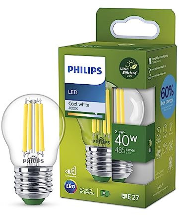 Philips Bombilla LED esférica Philips Eficiente, Casquillo E14 2.3W, 485 Lúmens, Luz Blanca Fría 4000k, Clase Energetica A