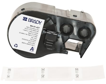 Brady Self-Laminating Vinyl Pre-Sized Labels for Label Printer BMP41/BMP51/BMP53/M511-180 Self Adhesive Printer Labels - Black on White, Transparent (25,40 mm (W) x 38,10 mm (H)) - M4-91-427