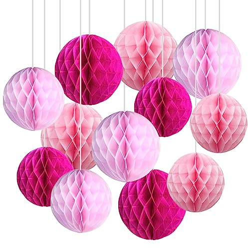 CC wonderland zone 12pcs Pink Paper Honeycomb Balls,Hanging Tissue Pom poms for Wedding Valentine's Day Engagement Birthday Party Decorations