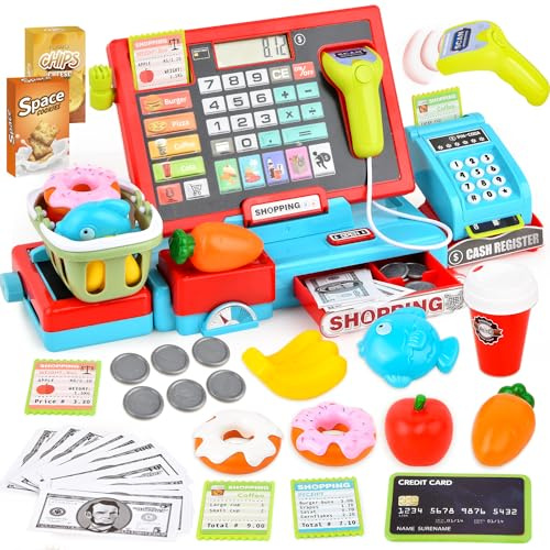 JoyGrow Cash Register Toys for Kids Pretend Play Supermarket Shop Toys With Real Calculator,Working Scanner,Credit Card,Play Food,Money and more,Educational Toys for Kids Boys Girls (Blue)