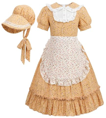 Nuoqi Prairie Dresses for Girls, Yellow Laura Ingalls Wilder Costume Pioneer Colonial Dress with Apron, 8-9