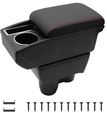 KAERGK Car Armrests for Renault Dacia Duster II 2018-2023, Centre Consoles for Car, Double Storage Space with Drink Holder, Easy Assembly, Comfortable and Durable Leather, Black (Red Line)