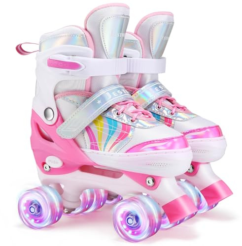 Roller Skates for Kids Adjustable Quad Skates 4 Size Adjustable and light up wheels Roller skates for girls boys. (Medium-Big Kids(UK 1-4))
