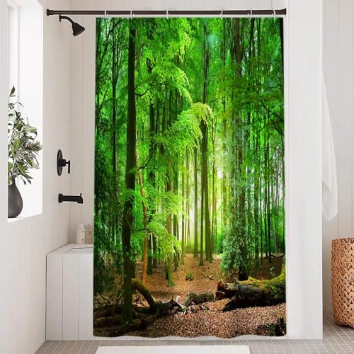 Uiiooazy Duschvorhang 120x180cm, Duschvorhang Anti Schimmel Grüne Blätter Frühling Herbst Wald Landschaft Duschvorhänge Stoff Waschbar Wasserdicht Polyester Bad Vorhang mit 8 Haken für Badezimmer
