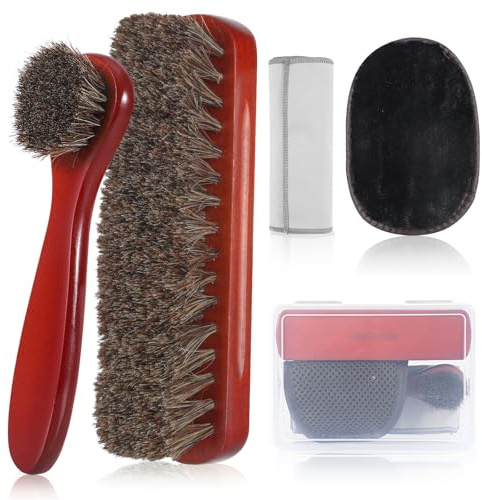 5 Pcs Horsehair Shine Shoes Brush Kit Polish Dauber Applicators Cleaning Leather Shoes Boots Care Brushes Suede Cleaner Brush with Microfiber Shoe (Brown)