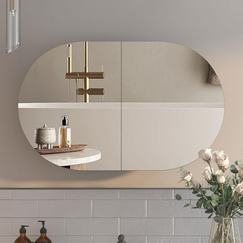 KEEPREAPER ovaler Spiegelschrank Bad mit Spiegel und 5 Fächern, Badezimmerspiegelschrank Badschrank hängend mit festen 3 Einlegeböden für Badezimmer modern,96x12x60cm (Schwarz)