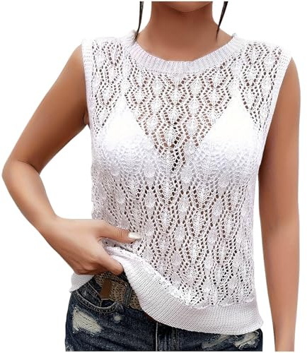 NZYIHAO Pull sans manches pour femme - Gilet en tricot creux - Pull décontracté - Pull en tricot - Col rond - Couleur unie - Confortable - Débardeur pour femme, #01 Blanc, XL