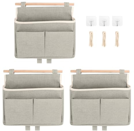 SHMSHNG 3 Pièces Organiseur Suspendu, Organisateur Mural, Organisateur de Porte, Rangement en Lin pour la Maison, Bureau, Salle de Bain, Chambre d'enfant (Gris)