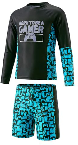 JiAmy Boys Swimming Costume 2 Piece Swim Set Gaming Boy's Long Sleeve UV Rash Guard Shirts with Swim Trunks Swimsuit for Kids 9 Years, Aquamarine