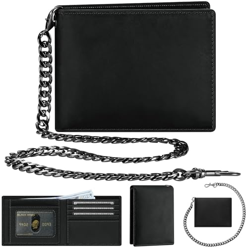 Genuine Leather Wallet for Men with Chain: RFID Blocking Men's Wallet with Anti-Theft Chain - Biker Wallets with 2 ID Card Window Holds 12+ Cards - Minimalist Wallets for Motorcycle Riding Hiking