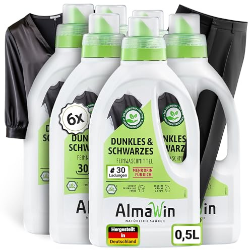 AlmaWin Detersivo per bucato nero [6 x 750 ml – 180 carichi] per colori brillanti senza sbiadimento, detersivo vegano nero per una pulizia delicata con noce [20-60 °C]