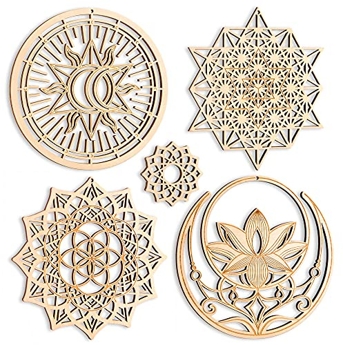 Qallicon 5.31 Sacred Geometry Wall Art 4 PCS Set, (Mandala, Buddha Lotus, 64 Star Tetrahedron, Sun Moon and Stars) Crystal Grid Meditation Chakra Wooden Wall Art Yoga Decor Spiritual Gifts