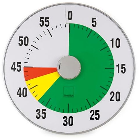 TimeTEX - Zeitdauer-Uhr XL Silber mit Ampelscheibe | Lautloser 60 Minuten Countdown mit visuellem & akustischen Signal für Selbständigkeit | Inhalt: Batteriebetriebener Timer (Größe: ca. 32 cm ø)