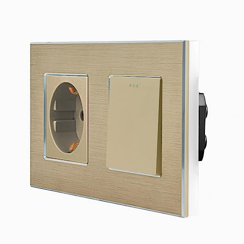 Luxus-Time Wipp Lichtschalter Wechselschalter Wandschalter + Steckdose und Aluminiumrahmen 2 Fach für UP in Gold