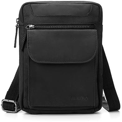 LEABAGS Leder kleine Umhängetasche Herren I Messenger Bag mit Schultergurt I Schultertasche I Herren Reisetasche I Tragetasche I Handtasche I Handytasche I Leder handgefertigt I Nature Schwarz