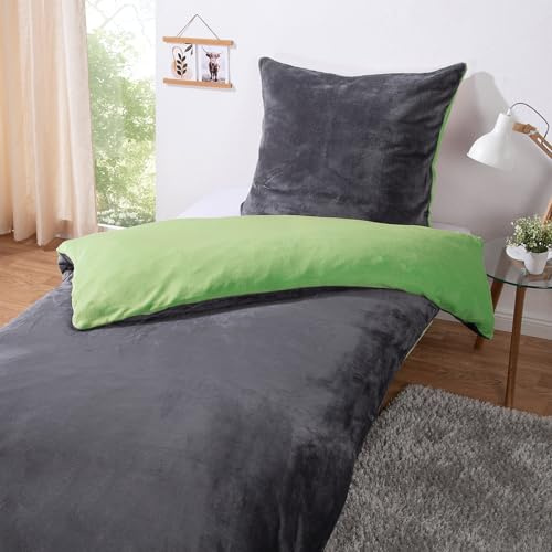 heimtexland ® Juego de ropa de cama reversible de franela de peluche, 80 x 80 cm, 135 x 200 cm, tacto de cachemira, color verde manzana