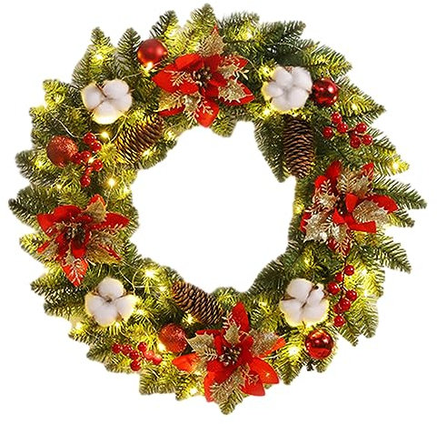 Starnearby Couronne de Noël Porte Artificielle avec Pommes de Pin et Poinsettia, Couronne de Noel Lumineuse LED, Guirlande de Noël, Couronne Noel Porte Lumineuse, Décoration de Noël (B)
