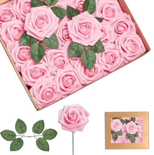 Lot de 25 roses artificielles roses tendres en mousse au toucher réaliste avec tiges, 4 feuilles, fleurs artificielles pour mariage, bouquets de mariée, gâteau, pierre tombale, centre de table, fête