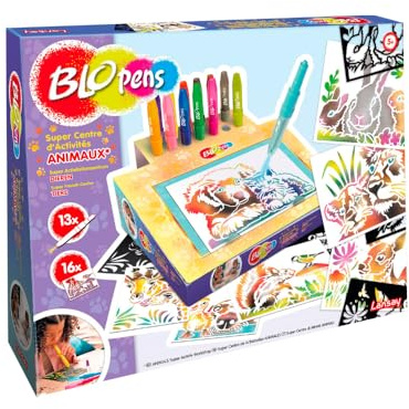 BLOPENS Super Animal Activity Center - Ny - 16 airbrush-effektstenciler - Omvandlingsbar förvaringslåda – tvättbara lock – kreativt leksak för barn från 5 år