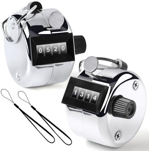 2PCS Premium One Hand Counter Clicker, Silver Metal Clicker Counter, Manual Mechanical People Counter Clicker with Nylon Lanyard, 4-Digit Number Count Tally Counter Clicker for Golf, Lap & Row Etc.