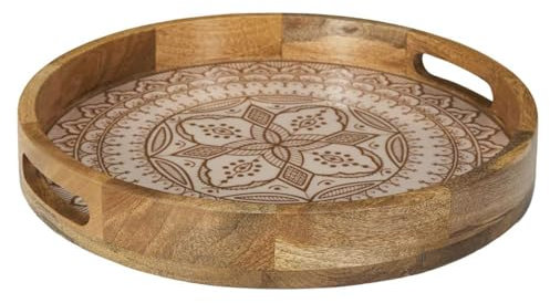 HOME DECO FACTORY - KA0577 Bandeja Redonda de Madera de Mango Dune Terracotta, Diseño Elegante, Servicio de Mesa, Decoración, D35 cm, Colores Marrón, Blanco, Naranja