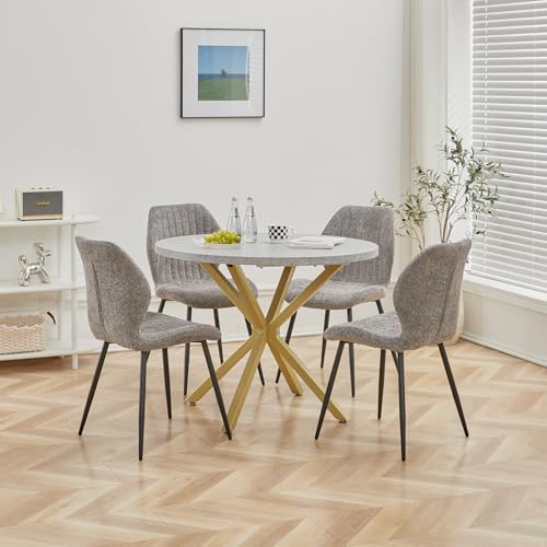 DEYARNA HOME Matgrupp set bord och stolar, 100 cm runt matbord och 4 linnematstolar, 4 stolar och bord för kök, matsal och vardagsrum (grå-ST, 100 x 100 x 76,5 cm (grå/guld))