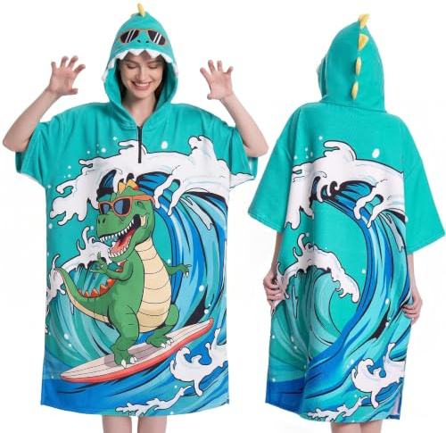 OLAOLA Changing Robe Towel Poncho, Adult Surf Poncho Towel with Hood and Pocket, Oversized Soft Absorbent Quick Dry Swim Beach Towel for Women Men, Surfing Dinosaur