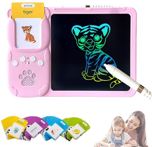 Croeve Talking Tablet, Verbio Talking Tablet, Plug & Play 2 in 1 Drawing Speaking Tablets with Bilingual Flashcards & LCD Writing Pad for Interactive Learning, Reading and English Speaking (Pink)