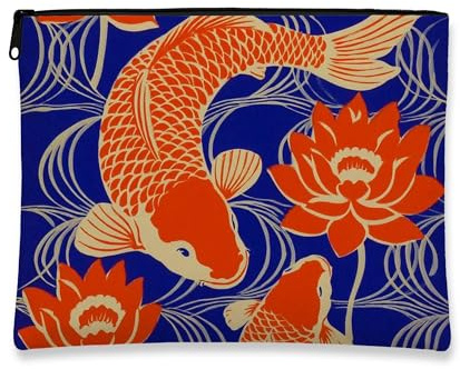 Bolsa de maquillaje de peces de carpa, bolsa de viaje para cosméticos con flores de agua azul para mujer, organizador portátil de lona con cremallera, regalo de festival, bolsa de aseo para el cuidado