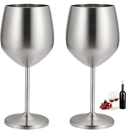 LEKEFETO Confezione da 2 Calici da Vino in Acciaio Inox: 500ml, Calice da Vino per Vino Rosso, Calici da Vino Resistente alla Rottura, Calici da Cocktail, Calici da Champagne, Calici da Vino per Feste