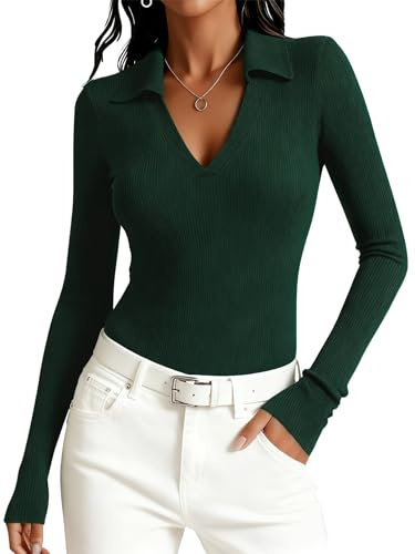 Dressmine White Long Sleeve Tops for Women UK Polo Shirts Jumpers Business Casual Work Blouse V Neck Slim Fit Soft Spring T Shirts Size 12