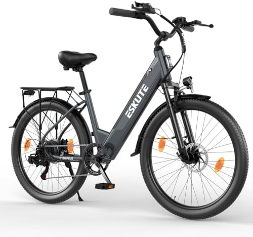 ESKUTE C100 Plus Bici Elettrica, 26 Pollici Bicicletta Elettrica, Motore 250W, Batteria Rimovibile 36V 13Ah, Velocità Massima di 25 km/h, 7 Velocità, Display LCD, E-bike per Adulti