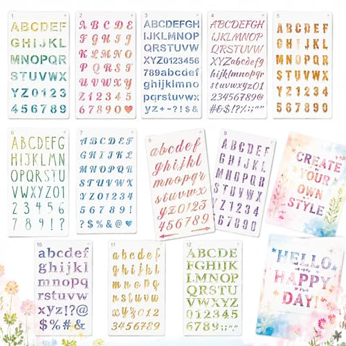 12 PCS Plastic Letter and Number Stencils, Reusable Alphabet Drawing Template Set, Washable Flexible Translucent Craft Stencils for Painting, Journaling, DIY, Scrapbooking and Card Making