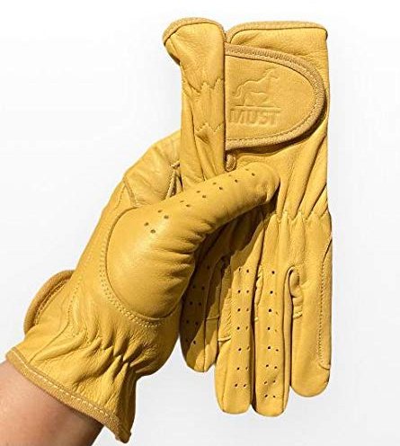 Guantes de montar para mujer, 100% cuero auténtico, marrón, marrón oscuro y negro (Beige/Amarillo, Grande)